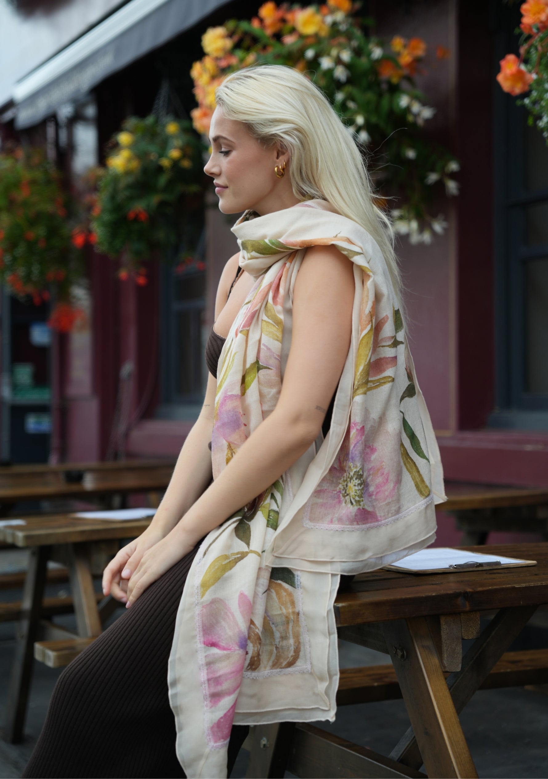 Beige Cashmere Scarf 
Hand-Painted, Frill & Lace